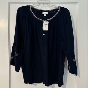 Navy J Jill cotton top boho nwt Lp petite embroidered sleeves